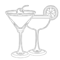 A cartoon of two cocktail glasses, one with a cherry in it and another with a lemon