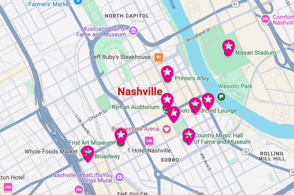 a map of the route of the big drag bus in nashville