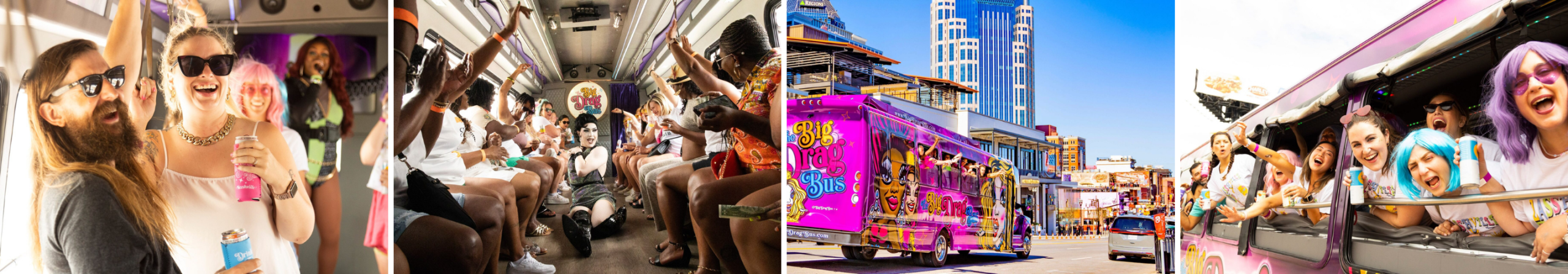collage of occasions to celebrate on the big drag bus